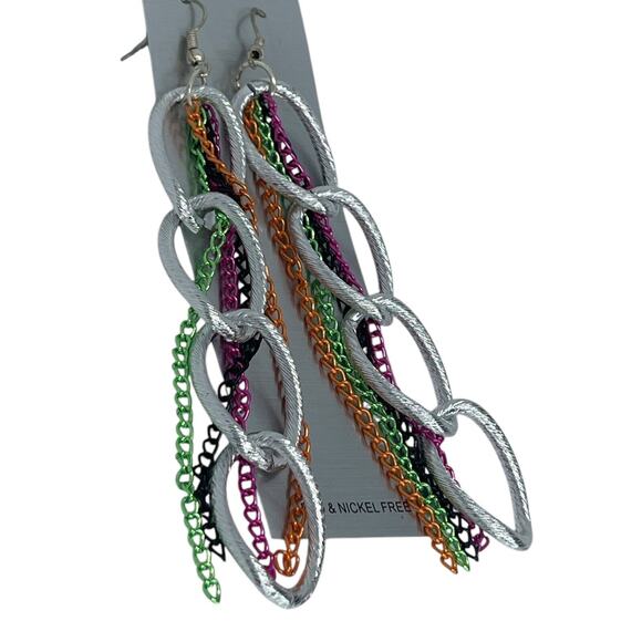 Silver Tone Earrings Chain Drop Style Fashion Trendy Stunning Statement Chic - Picture 3 of 8